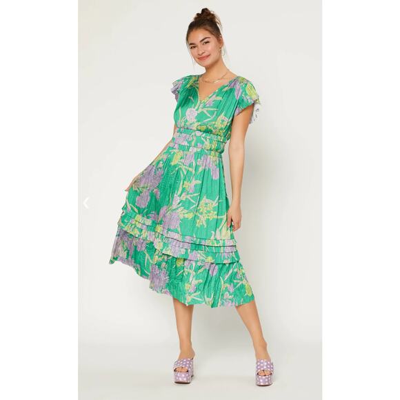 Current Air Dresses & Skirts - Current Air Sereia Botanical Motif Midi Dress Womens Large Green Purple New